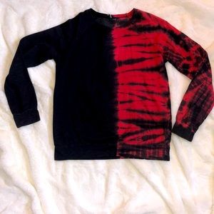 Black and red split tye dye crew neck long sleeve